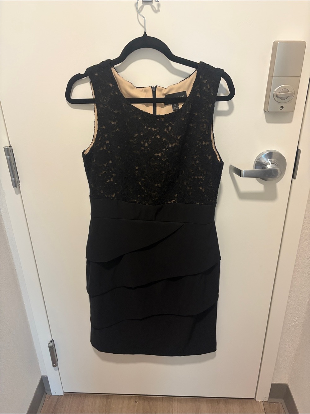 connected apparel Black Lace & Nude Lined Tiered Mini Dress